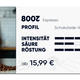 Produktkarte "8020" Espresso. Im Profil Schokolade, Walnuß und Kakao. Intensität 5 von 5, Säure 2 von 5, Röstung 5 von 5