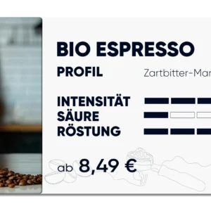 Produktübersichtskarte "Bio Espresso" zartbitter Pflaume mandelig im geschmack, ganze Bohne, Intensität 5 von 5, Säure 1 von 5, Röstung 4 von 5