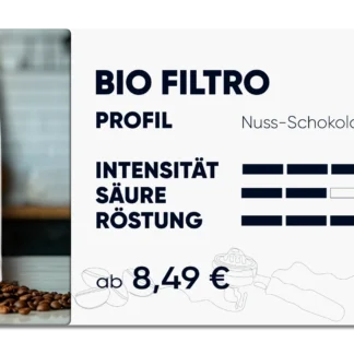 Produktübersichtskarte "Bio Filtro" - nussig, schokoladiger, beeriger, gemahlener Kaffee aus biologischem Anbau. Intesnität 4 von 5, Säure 2 von 5, Röstung 3 von 5