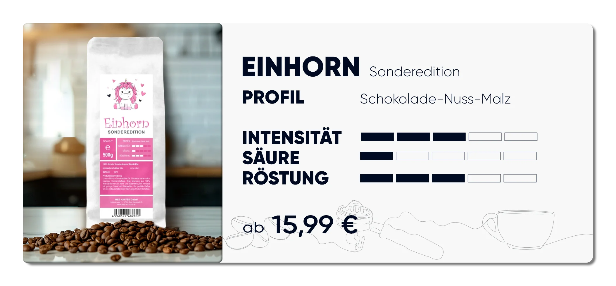 Produktkarte "Einhorn" Sonderedition, schokoladig, nussig, malzig im Geschmack. Intensität 3 von 5, Säure 1 von 5, Röstung 3 von 5