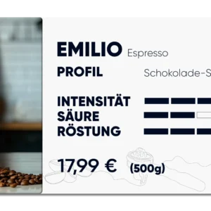Produktkarte "Emilio Espresso" im Profil Schokolade, Süße, Mandel. Intensität 4 von 5, Säure 2 von 5, Röstung 4 von 5.