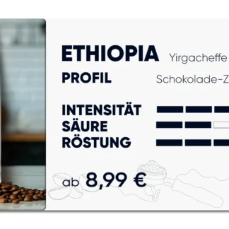 Produktkarte "Ethiopia Yirgacheffe". Im Profil Schokolade, Zitronat, Kakao. Intensität 3 von 5, Säure 2 von 5, Röstung 4 von 5
