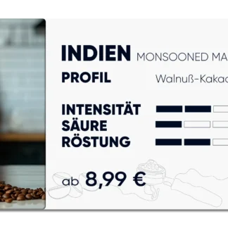 Produktkarte "Indien Monsooned malabar", Walnuss - kakaoig im geschmack. Intensität 2 von 5, Säure 1 von 5, Röstung 2 von 5