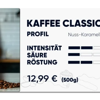 Produktkarte "Kaffee Classico", nuss, karamell Mandel im Profil, Intensität 2 von 5, Säure 1 von 5, Röstung 2 von 5