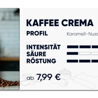 Produktkarte " Kaffee Crema" Karamell, nuss, Mandel im Profil, Intensität 4 von 5, Säure 1 von 5, Röstung 3 von 5