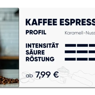 Produktkarte "Kaffee Espresso" Karamellig, nussig, mandelig im Profil. Intensität 5 von 5, Säure 3von 5, Röstung 5 von 5