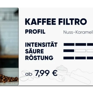 Produktkarte "Kaffee Filtro" Nuss, Karamell, Kakao im Profil. Intensität 3 von 5, Säure 1 von 5, Röstung 3 von 5