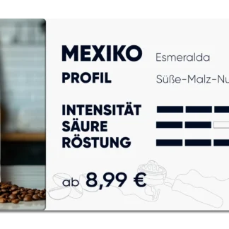 Produktkarte "Mexiko Esmeralda", süß, malzig, Fruchtig nussig im Profil. Intensität 4 von 5, Säure 2 von 5, Röstung 4 von 5
