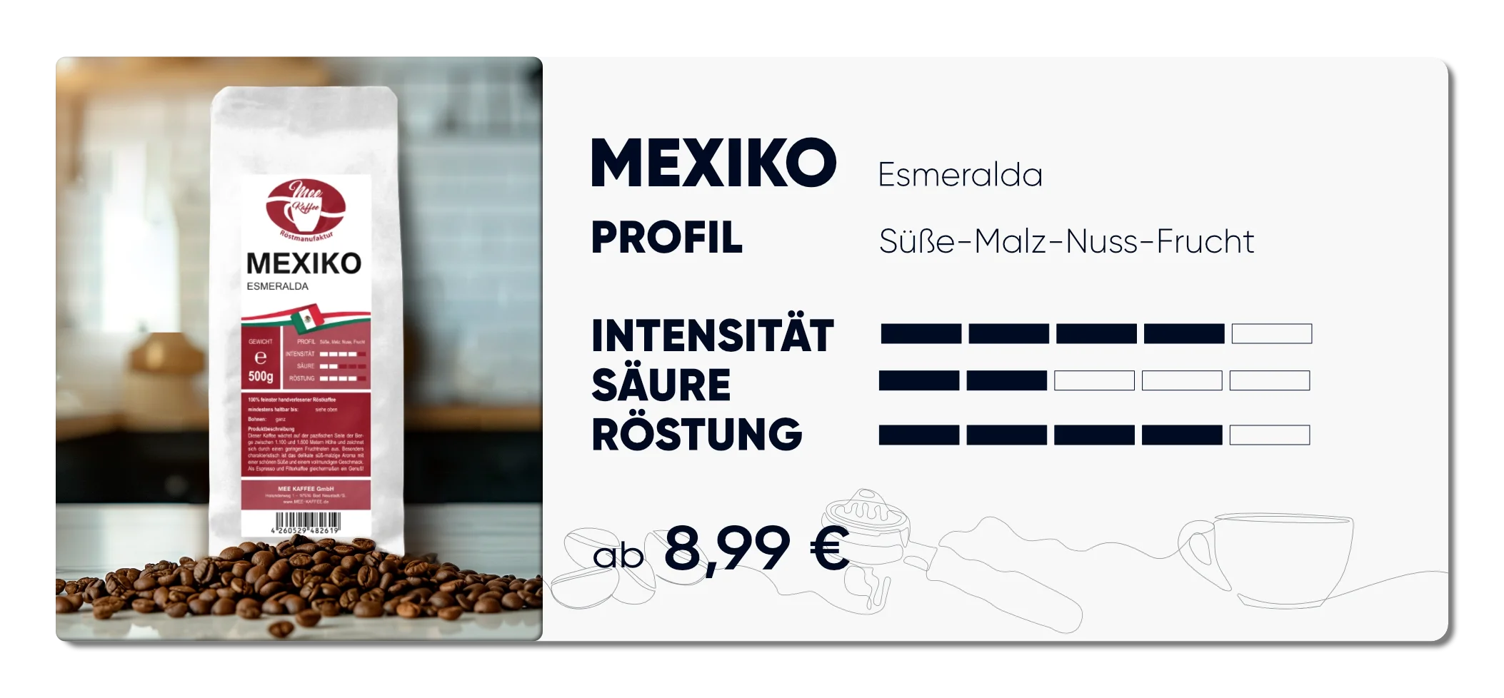 Produktkarte "Mexiko Esmeralda", süß, malzig, Fruchtig nussig im Profil. Intensität 4 von 5, Säure 2 von 5, Röstung 4 von 5