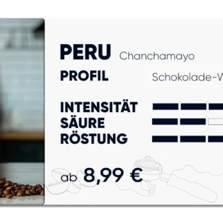Produktkarte "Peru Chanchamayo" Schokoladige Waldbeerige Note. Intensität 3 von 5, Säure 2 von 5, Röstung 3 von 5