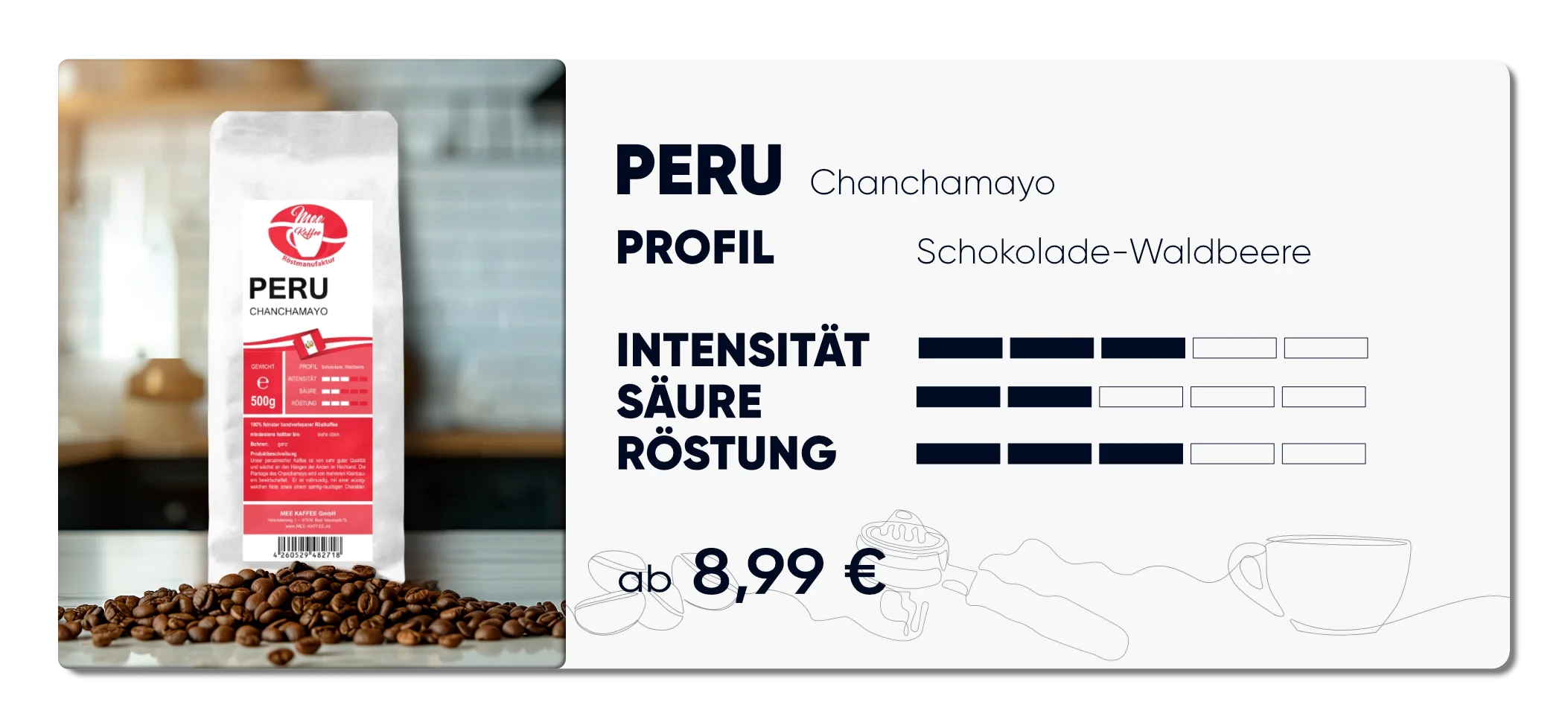 Produktkarte "Peru Chanchamayo" Schokoladige Waldbeerige Note. Intensität 3 von 5, Säure 2 von 5, Röstung 3 von 5