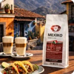 Mexiko Kaffee Esmeralda von MEE KAFFEE mit Latte macchiato und Tacos vor mexikanischer Bergkulisse