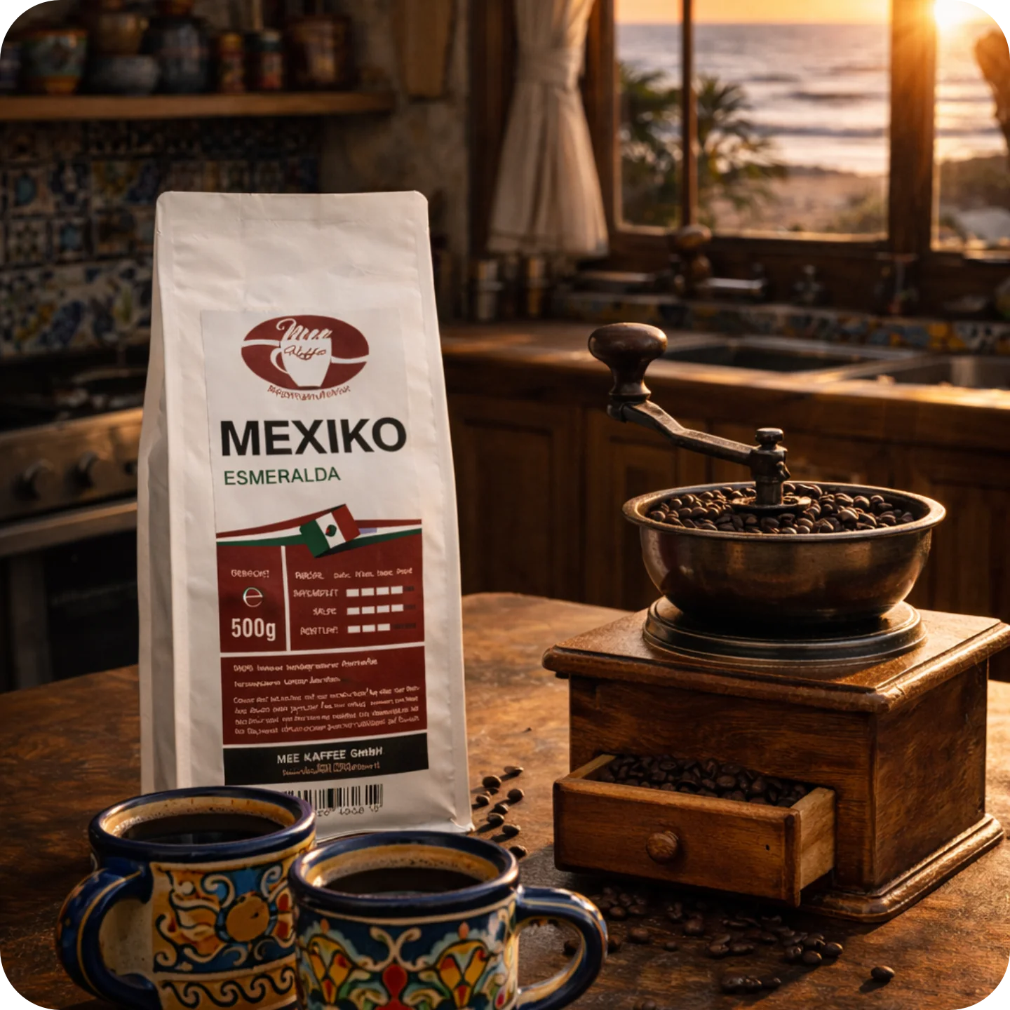 Mexiko Kaffee Esmeralda von MEE KAFFEE mit Kaffeemühle und mexikanischen Tassen im warmen Abendlicht