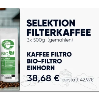 Probierpaket bestehend aus drei ausgewählten, gemahlenen Kaffeesorten: 1x 500 gr Einhornkaffee, 1x 500 grKaffee Filtro und 1x 500 gr Bio Filtro.