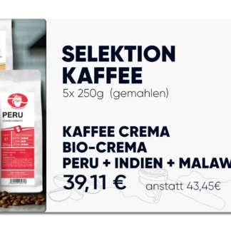 Probierpaket bestehend aus fünf ausgewählten Kaffespezialitäten, als gemahlene Bohne: 1 x 250 gr Malaw, 1x 250 gr Indien, 1x 250 gr Bio Line Crema, 1 x 250 gr Kaffee Crema, 1x 250 gr Peru Chanchamayo