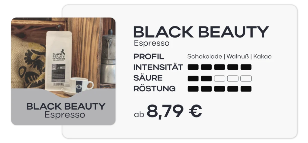 Produktkarte des Black Beauty Espressos mit einem Schokolade, Walnuss und Kakao Profil. Intensität: 5 von 5 Säure: 2 von 5 Röstung: 5 von 5