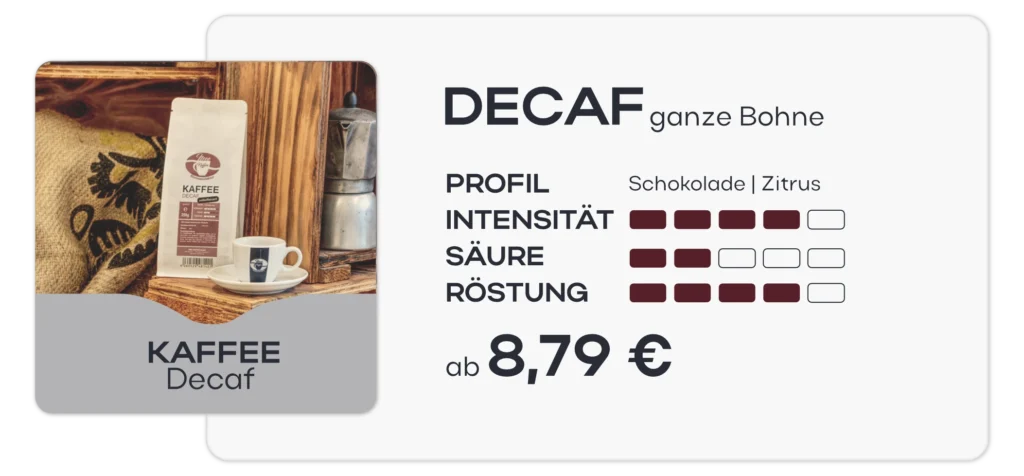 Abbildung und Produktkarte des entkoffeinierten Decaf Kaffees mit seiner Schokolade und Zitrus Note. Intensität: 4 von5 Säure: 2 von 5 Röstung: 4 von 5