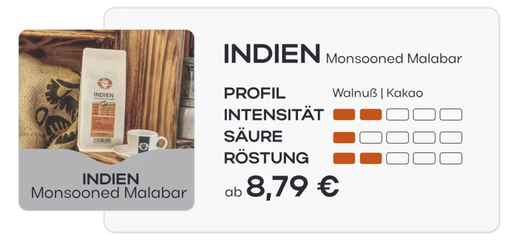 Abbildung des Indien Monsooned Malabar Kaffees mit einer geringen Intensität und Röstung. Intensität: 2 von 5 Säure: 1 von 5 Röstung: 2 von 5