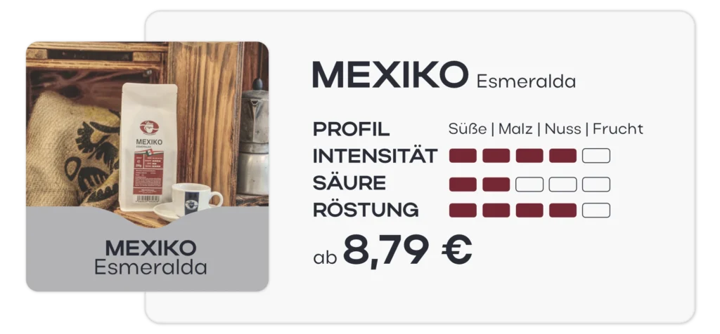 Mexikanischer Kaffee Esmeralda - Übersichtskarte und Abbildung des süß-malzig aromatischen Kaffees. Intensität: 4 von 5 Säure: 2 von 5 Röstung: 4 von 5