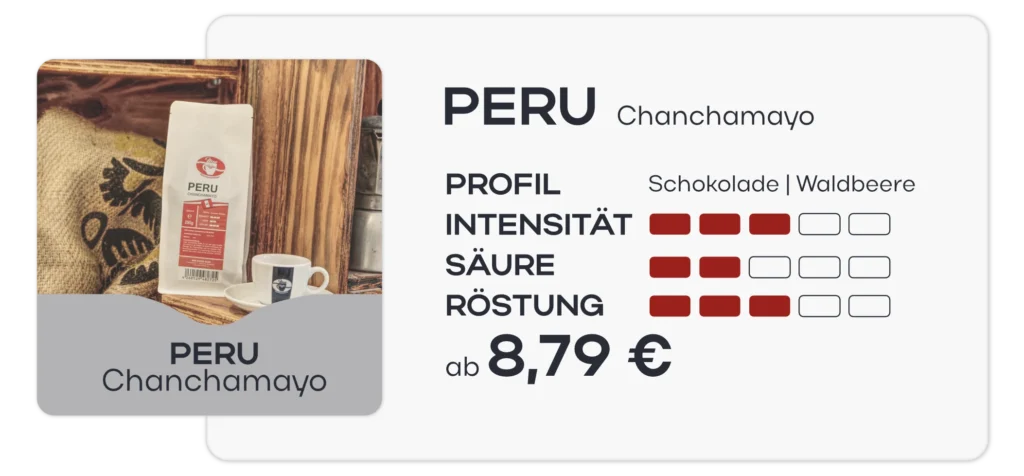 Produktkarte des Peur Chanchamayo Kaffees mit seinem Schokolade, Waldbeere Profil. Intensität: 3 von 5 Säure: 2 von 5 Röstung: 3 von 5