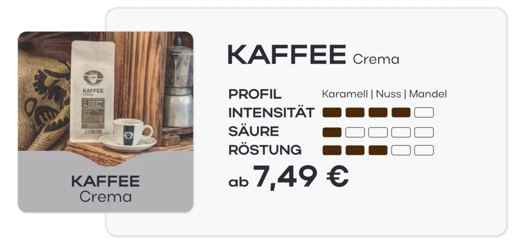 Übersichtskarte zum Kaffee Crema - Dem Klassiker unter den MEE Kaffees. Intensität: 4 von 5 Säure: 1 von 5 Röstung: 3 von 5