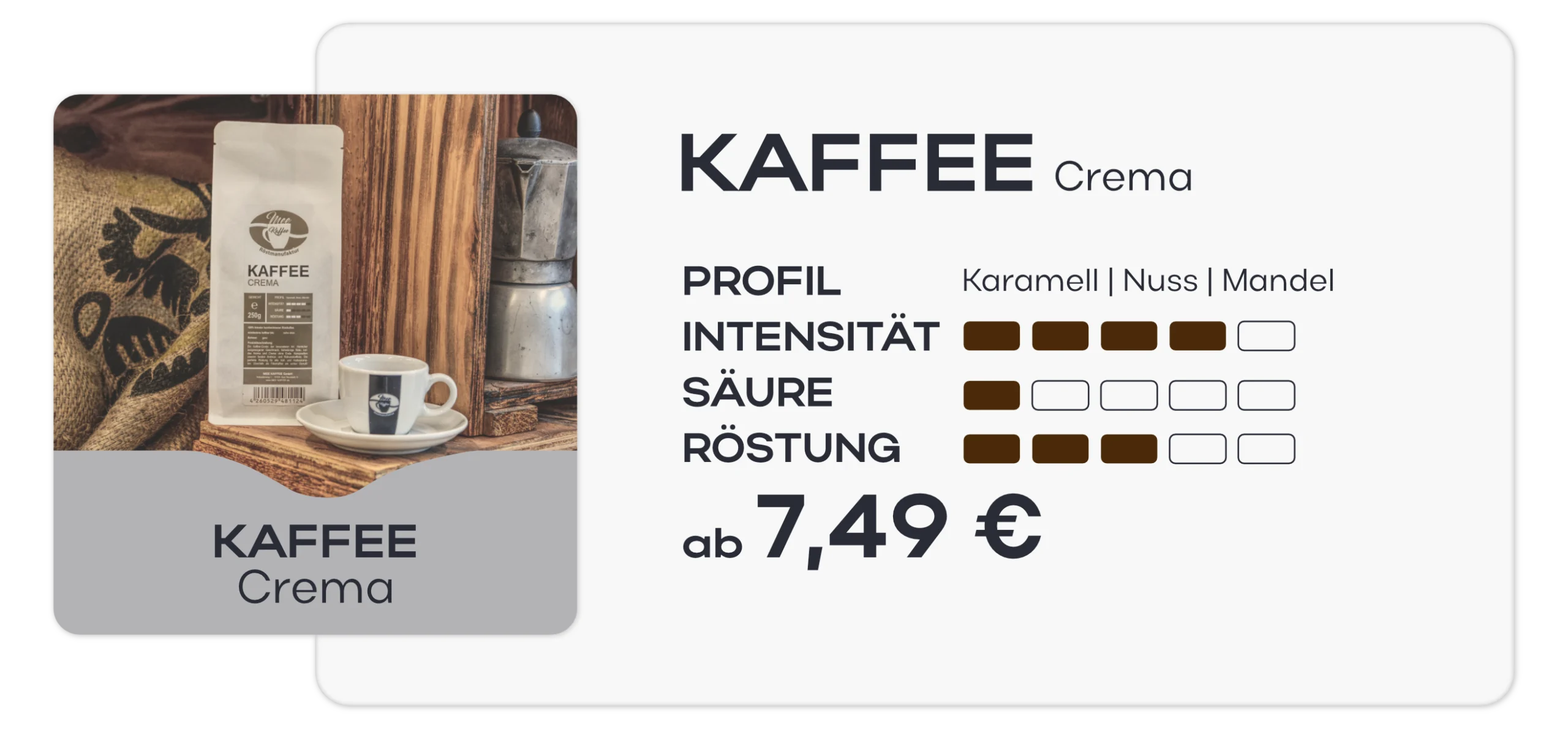 Übersichtskarte zum Kaffee Crema - Dem Klassiker unter den MEE Kaffees. Intensität: 4 von 5 Säure: 1 von 5 Röstung: 3 von 5