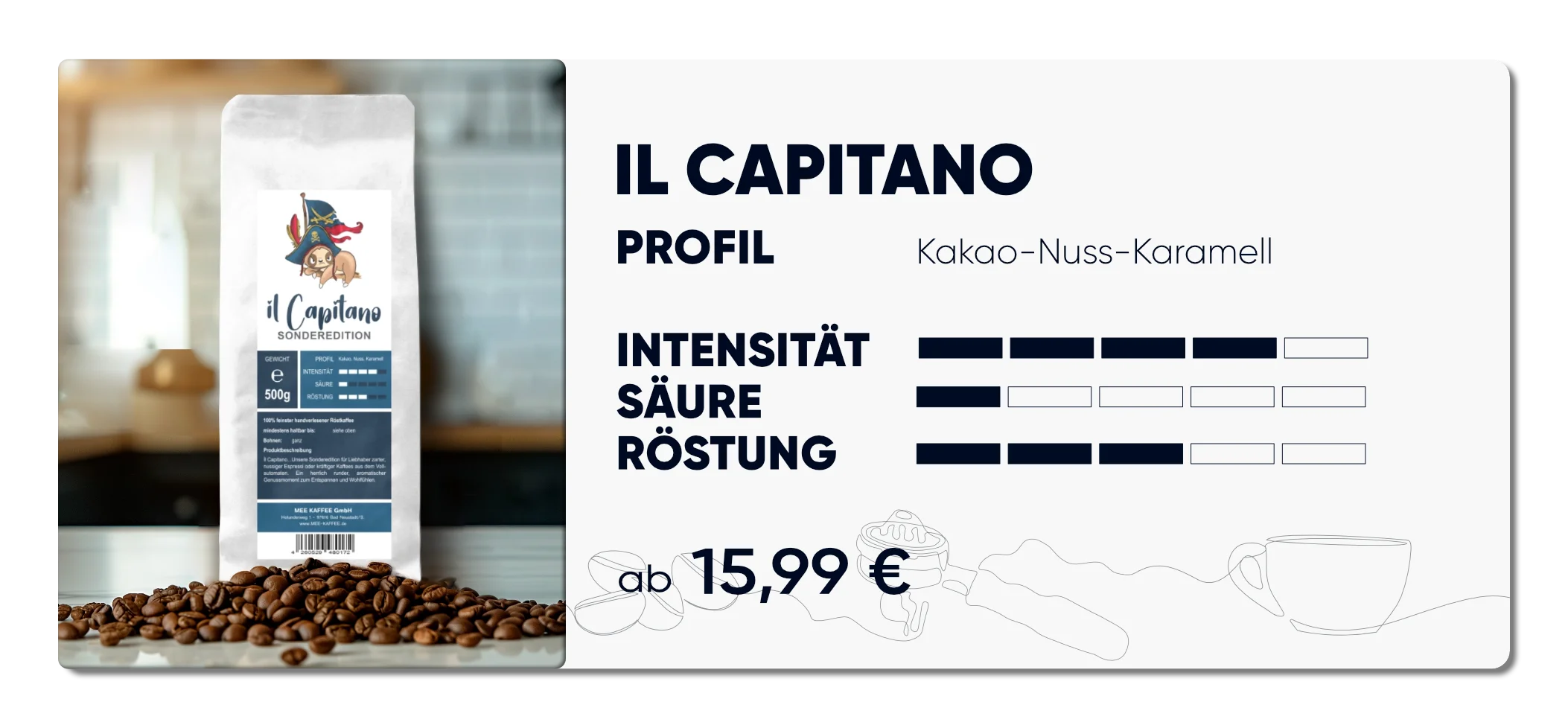 Produktkarte "Il Capitano". Im Profil kakao - nuss - Karamell, Intensität 4 von 5, Säure 1 von 5, Röstung 3 von 5