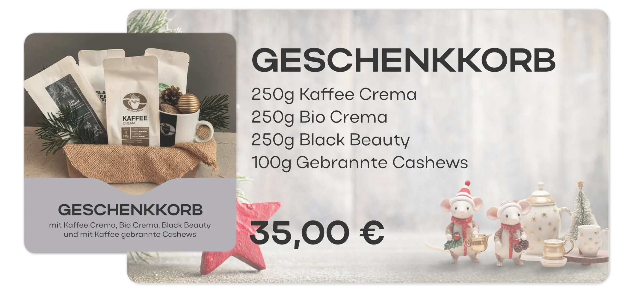Produktkarte für den MEE KAFFEE Geschenkkorb: Beinhaltet Café Crema, Bio Crema, Black Beauty, gebrannte Cashews und eine Potttasse