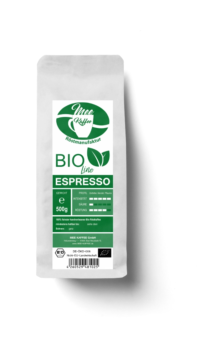 Bioline espresso in der 500 gra packung Mee Kaffees kräftige Bio Espresso Mischung besteht aus 60% Arabica Bohnen aus Äthiopien und Peru, sowie 40 % Robusta Kaffee aus Indien.