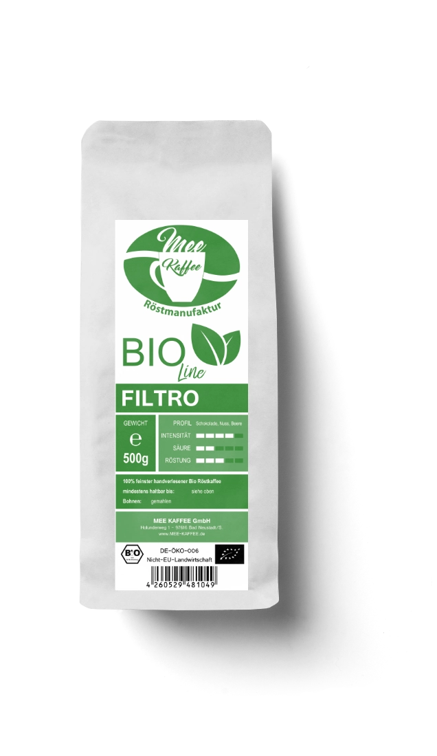 Bioline filtro crema in der 500 gramm packung Mee Kaffees Bio Cafe Crema zeichnt sich durch einen runden ausbalancierten geschmack aus. 1005 Arabica kaffee bildet die Grundlage für einen kaffee, der sich hervorragned für einen Vollautomaten anbietet.