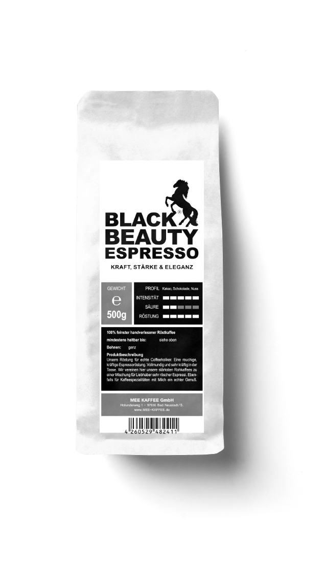 Black Beauty in der 500 gr Packung Unsere Röstung für echte Coffeeholiker: Vollmundig und sehr kräftig in der Tasse