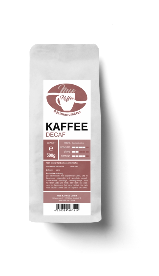 Kaffee Decaf in der 500 gr Packung Ein entkoffeinierter, fein abgestimmter Kaffee, rund im geschmack und aromatisch zugleich