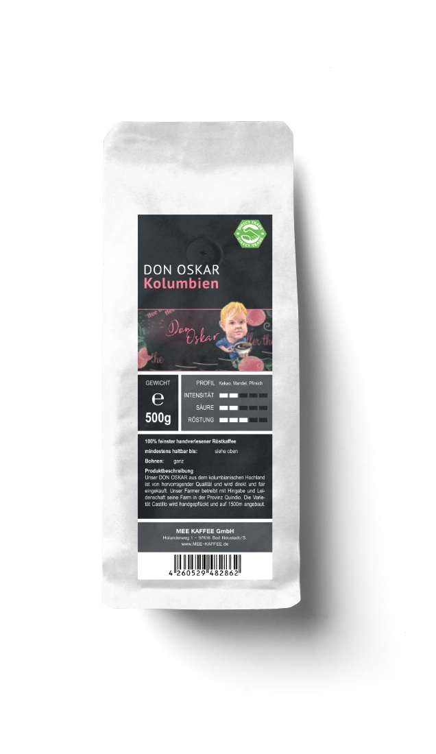 Don Oskar in der 500 gr packung Mee Kaffees Don Oskar wird im Kolumbianischen Hochland angebaut und ist von hervorragnder qualität. Er wird direkt und fair eingekauft.