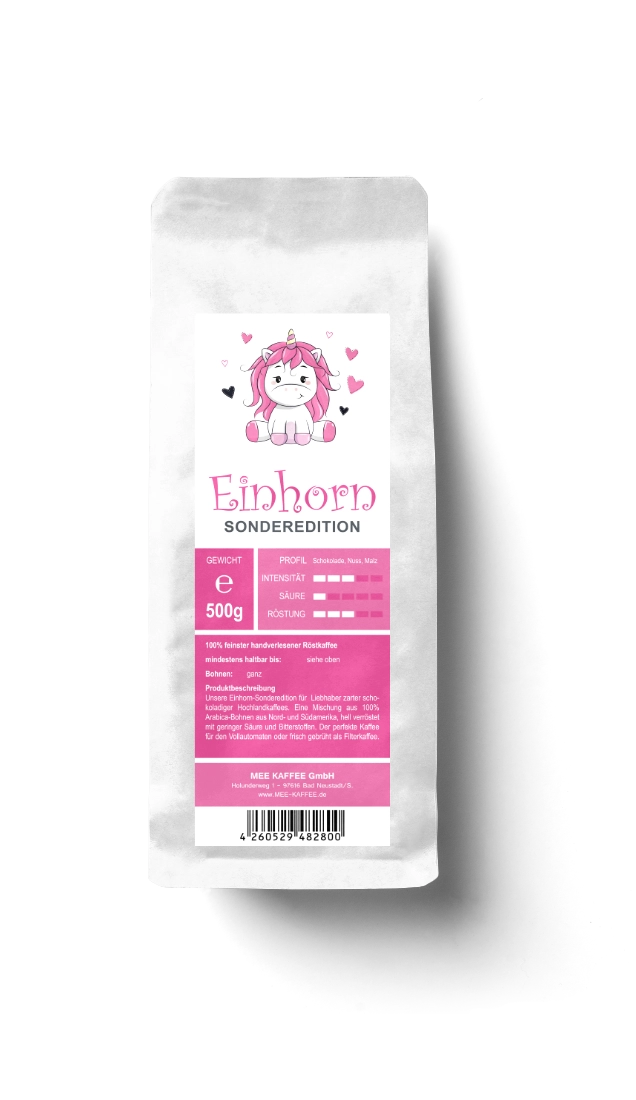 Einhorn kaffee in der 500 gramm packung Mee Kaffees Sonderedition für Liebhaber zarter schokoladiger hochlnadkaffees. Hell verröstet mit geringer Säure und Bitterstoffen