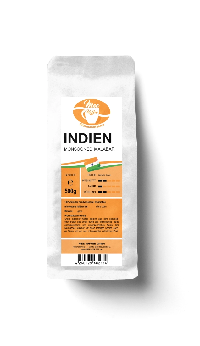 Indien monsooned Malabar in der 500 gr. packung Mee Kaffees indischer Kaffee stammt aus dem südwestlichen Indien und erhält durch das "Monsooning" seine charakterstarke und unvergleichliche Note