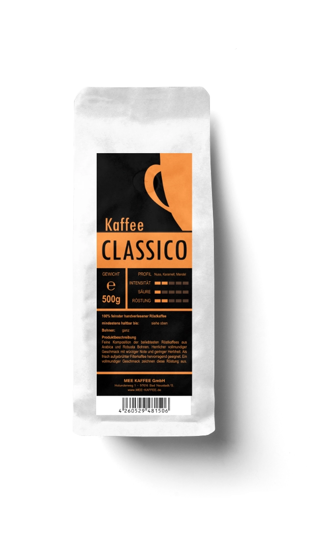 Kaffee classico in der 500 gr Packung Mee Kaffees feine Komposition aus den beliebstesten Arabica und Robusta Bohnen.