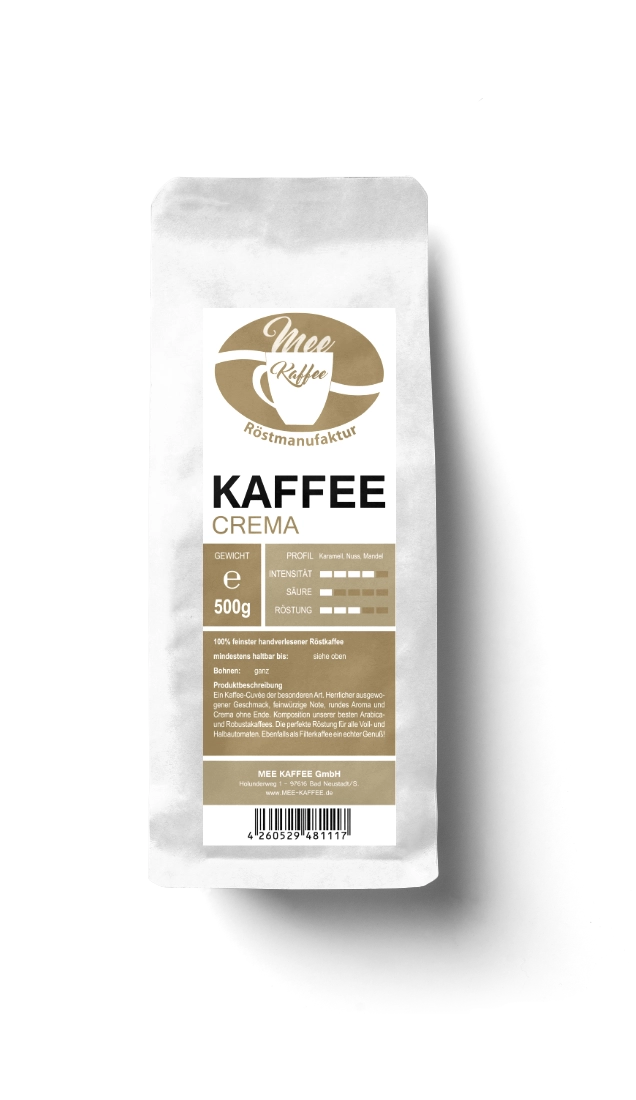 Kaffee Crema in der 500 gr Packung Diese feine kaffeemischung aus Arabica und Robusta Bohnen wird in schonender langzzeit - Trommelröstung hergestellt un verfügt über eine feinwürzige note.