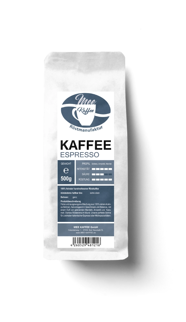 Kaffee espresso in der 500 gr Packung Mee Kaffees ausgewogene Mischung aus 100% reinen Arabica Bohnen.