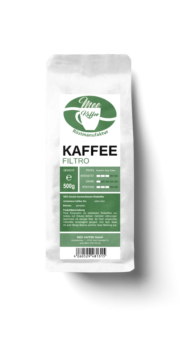 Kaffee Filtro ind er 500 gr Packung 100% feinster HochlandKaffee aus Mexiko, Peru, Äthiopien werden im Mee Kaffee Bio Filtro verarbeitet.