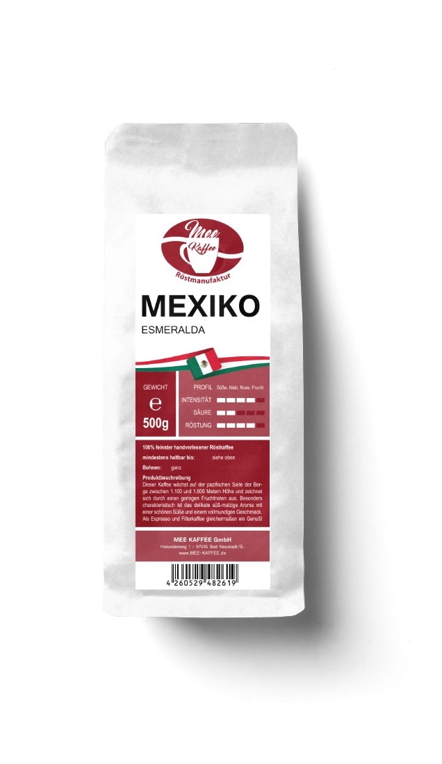 Mexiko esmeralda in der 500 gr packung. Der Mee Kaffee Mexiko Esmeralda wächst auf der pazifischen Seite der Berge zwischen 1100 und 1600 Metern Höhe