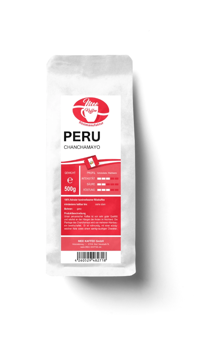 Peru Chanchamayo in der 500 gramm Packung. Der peruanische kaffee von Mee - Kaffee von sehr guter Qualität wächst an den Hängen der Anden im Hochland . Die Plantage des Chanchamayo wird von mehreren Kleinbauern bewirtschaftet.
