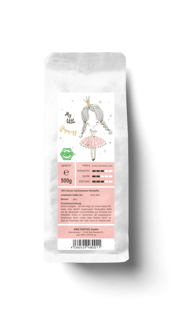 Verpackung unseres My little Princess Kaffees für 500 Gramm Mee Kaffees herrlich ausgewogene Komposition aus direkt und fair gehandeltem Hochlandkaffee aus Honduras und Kolumbien.