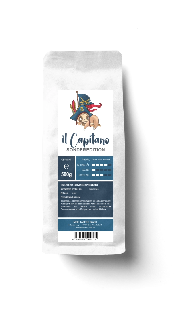 il Capitano in der 500 Gr packung Mee Kaffees Sonderedition für Liebhaber zarter nussiger Espressi aus dem Vollautom,aten oder kräftiger kaffees aus denm Vollautomaten
