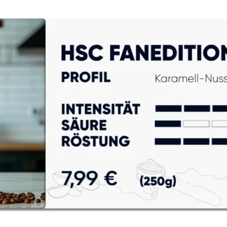 Produktkarte "HSC Fanedition", karamellig nussig mandelig im geschmack. Intensität 4 von 5, Säure 1 von 5, Röstung 3 von 5