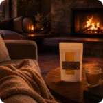 Assam Tee von MEE KAFFEE vor dem Kamin mit heißer Tasse Tee für entspannte Wohlfühlmomente am Abend
