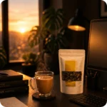 Assam Chai von MEE KAFFEE am Arbeitsplatz bei Sonnenuntergang – aromatischer loser Tee für die Zubereitung als klassischer Schwarztee, cremiger Chai Latte oder erfrischender Eistee