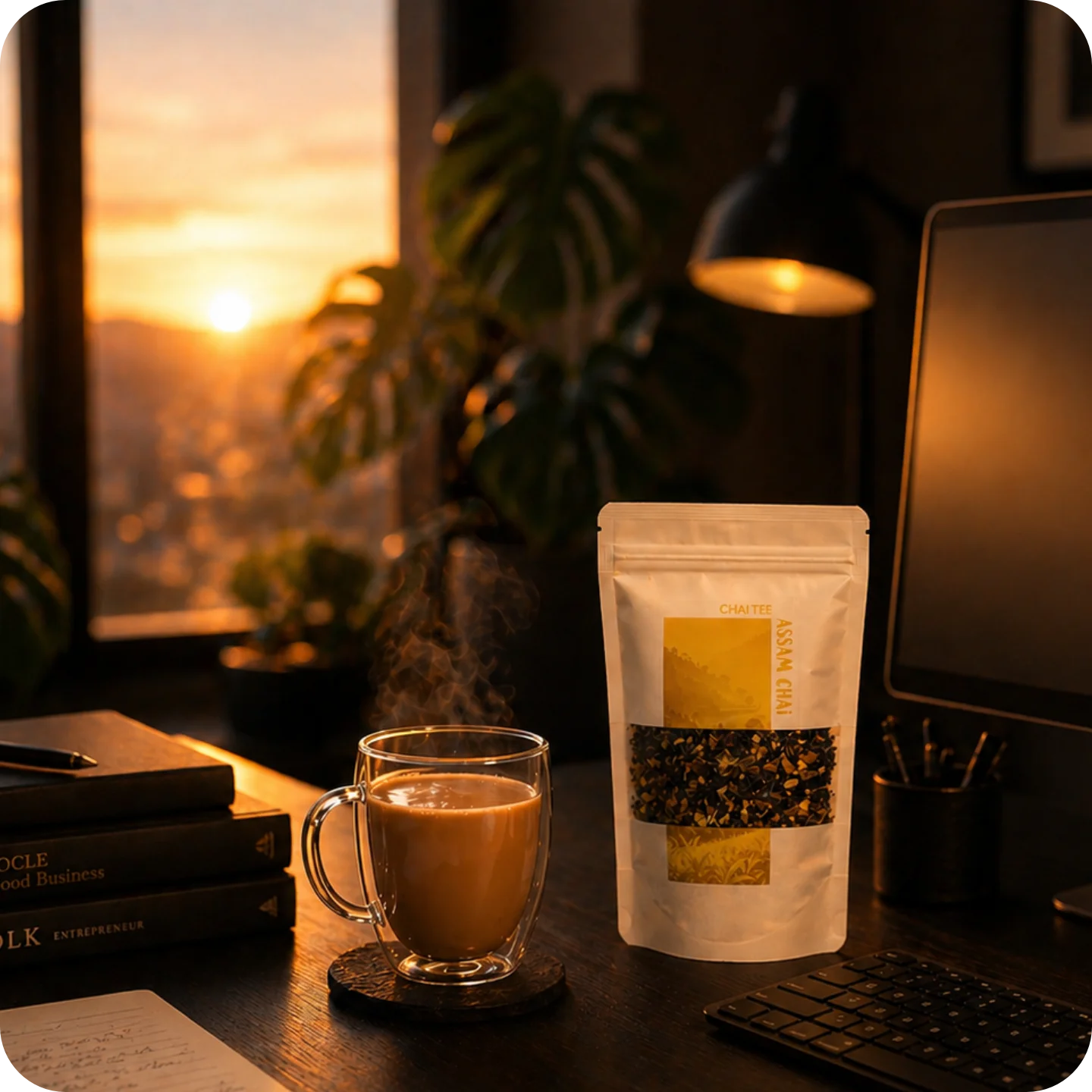 Assam Chai von MEE KAFFEE am Arbeitsplatz bei Sonnenuntergang – aromatischer loser Tee für die Zubereitung als klassischer Schwarztee, cremiger Chai Latte oder erfrischender Eistee