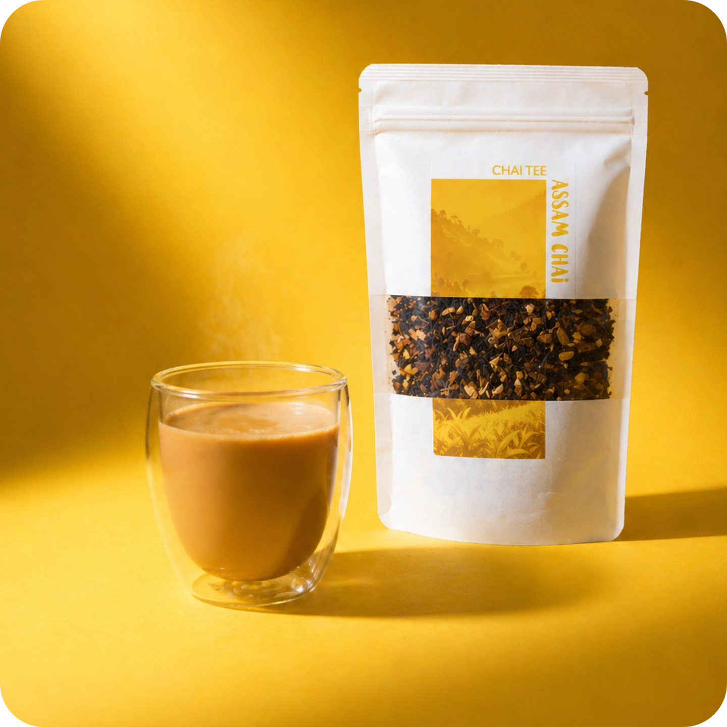 Loser Assam Chai von MEE KAFFEE neben einem cremigen Chai Latte – würzige Schwarztee-Komposition für die klassische Teezubereitung oder als Milchtee nach indischer Art
