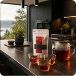 Darjeeling Schwarztee von MEE KAFFEE als loser Tee in moderner Küche mit Teekanne und Teegläsern