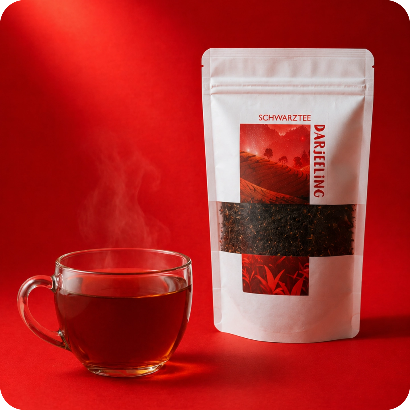 Darjeeling Schwarztee von MEE KAFFEE mit frisch aufgebrühter Teetasse und loser Teemischung